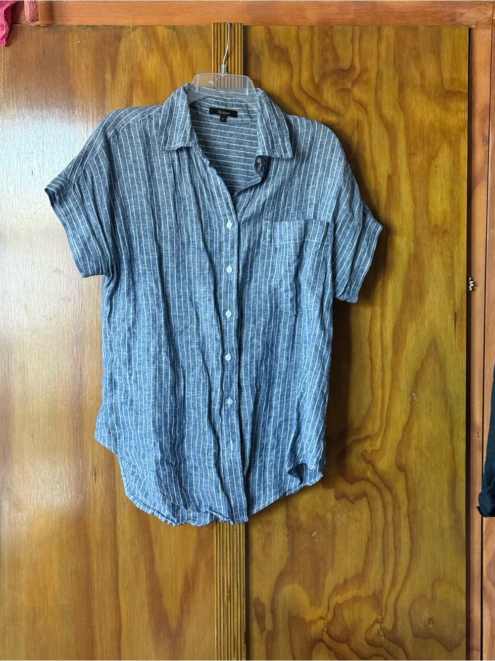 Quince Short Sleeved Linen Blouse in Chambray Stripe, Small
